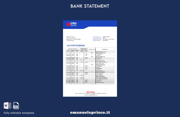 modello word di estratto conto bancario della metropolitana del Regno Unito in s